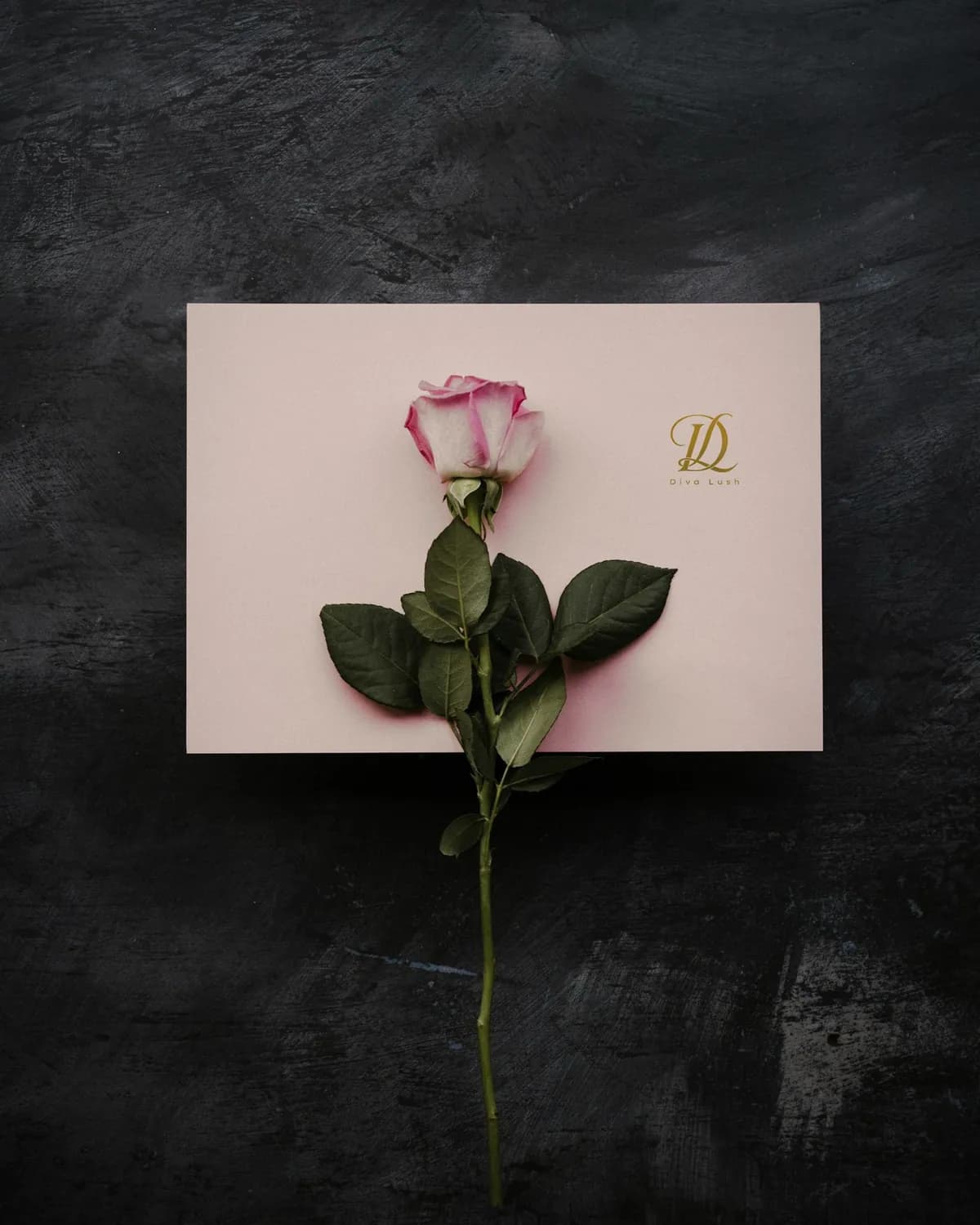 Blush Diva Lush card in gold foil, with a rose on dark slate