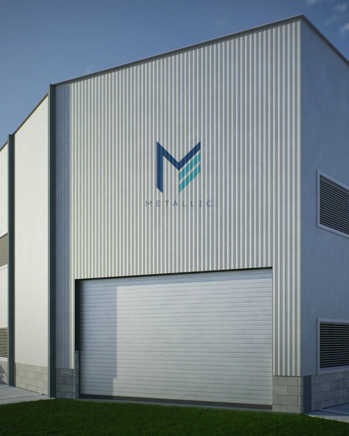 Metallic logo painted on a clad warehouse