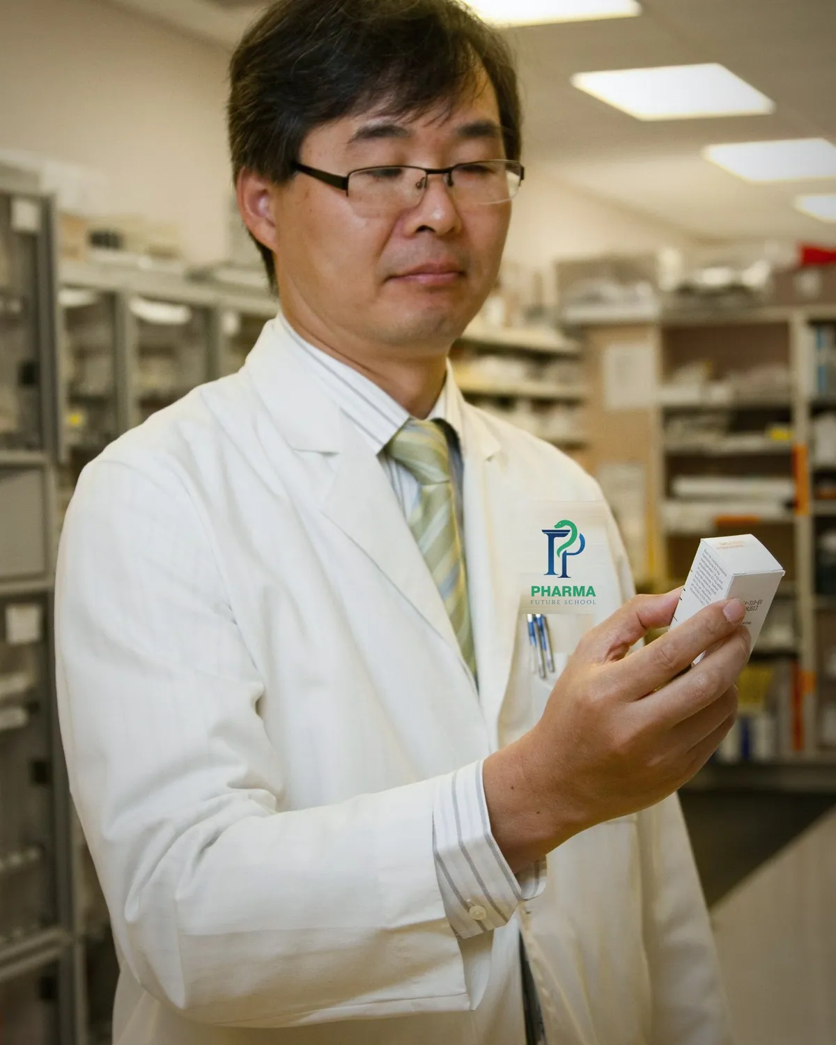 Pharma Future School logo embroidered on a pharmacist's coat