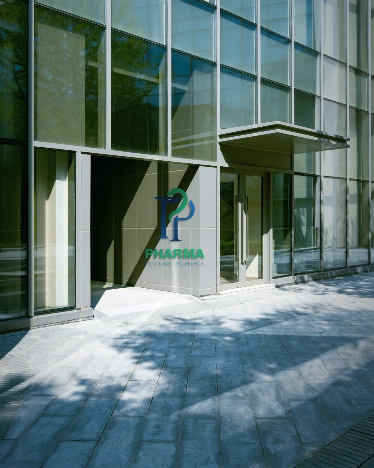 Pharma Future School letters beside a glass entrance