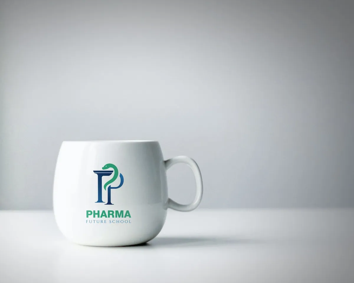 Pharma Future School logo on a white mug