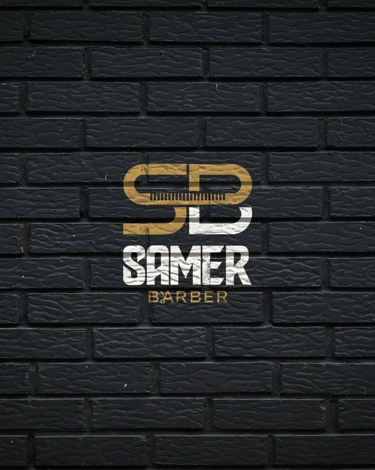 Samer Barber logo painted on a black brick wall