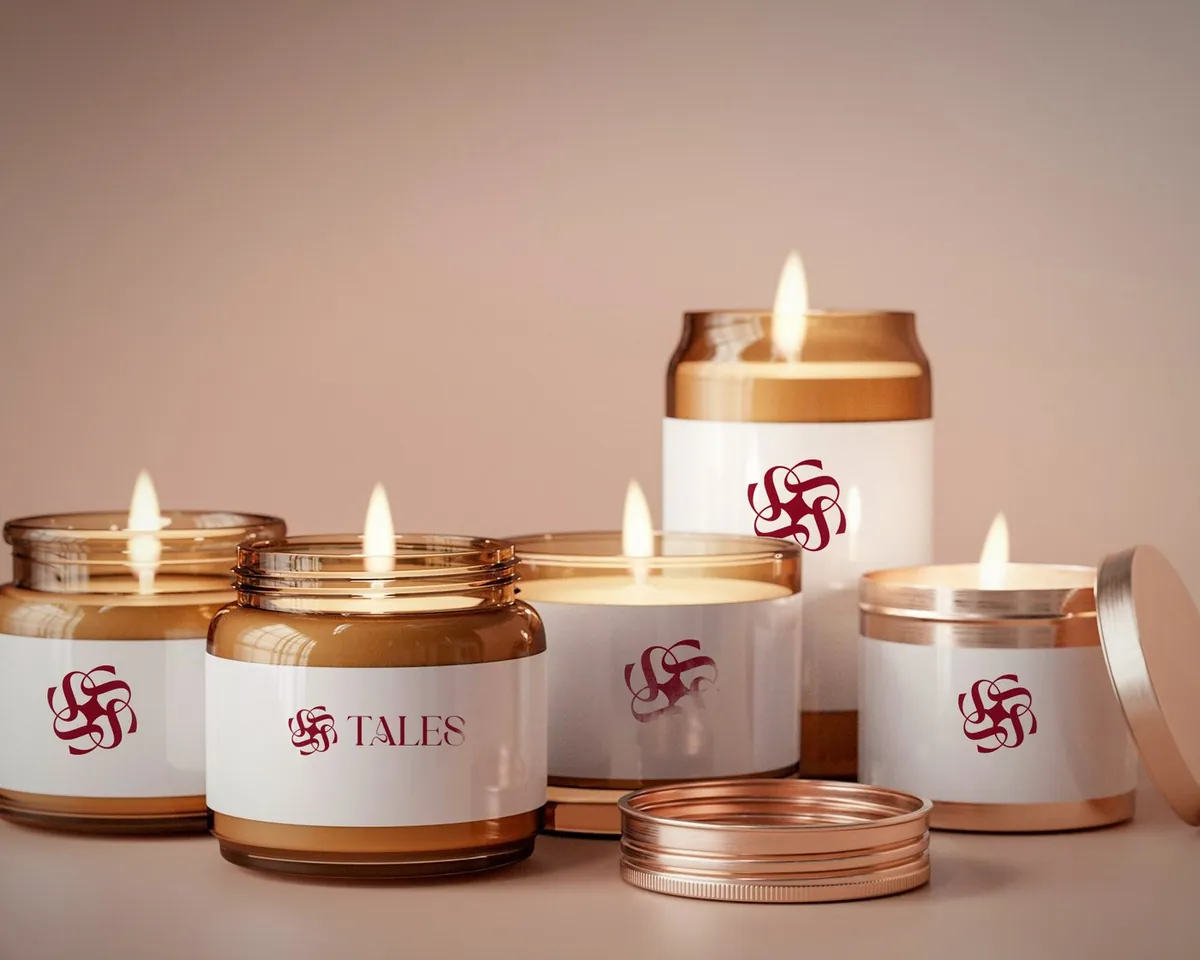 A row of Tales candles in amber jars